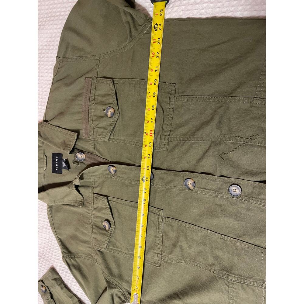 Timing Army Green Cropped Button Up Collared Two Pocket Cotton Utility Jacket Lg - Picture 6 of 11